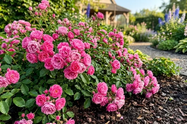 Een border vol uitbundig bloeiende roze perkrozen in een verzorgde Nederlandse tuin.