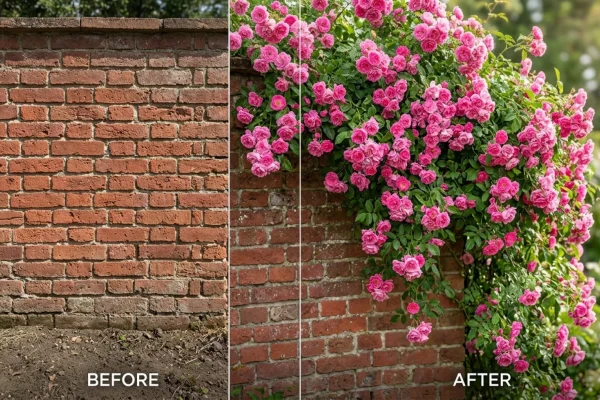 Uitbundig bloeiende roze rambler roos tegen een houten pergola.