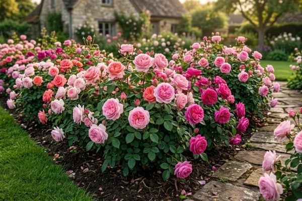 Een weelderige border vol verschillende soorten roze rozen in volle bloei in een Nederlandse tuin met goed verzorgde aarde.