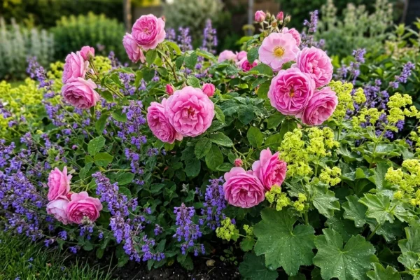 Een weelderige border in mei met diverse roze rozenstruiken gecombineerd met paarse kattenkruid en limoengroene vrouwenmantel.