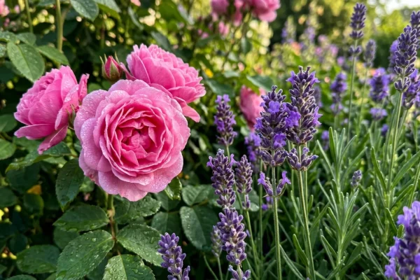 Bovenaanzicht van een border met bloeiende roze rozenstruiken en paarse lavendel.