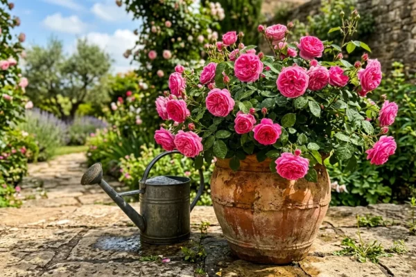 Een sfeervolle terracotta pot gevuld met rijkbloeiende roze struikrozen op een zonnig terras.