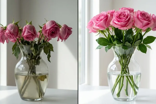 Elegante glazen vaas met verse lichtroze rozen op tafel.