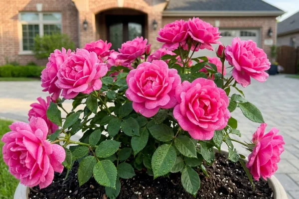 Bloeiende roze rozenstruik naast een grindpad in de voortuin.