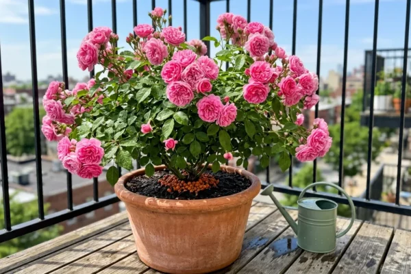 Een verzameling grote terracotta potten gevuld met rijk bloeiende roze trosrozen op een zonnig balkon.