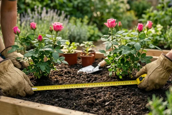 Een border met gezond bloeiende roze rozen die op de juiste afstand van elkaar zijn geplant om luchtcirculatie te bevorderen.