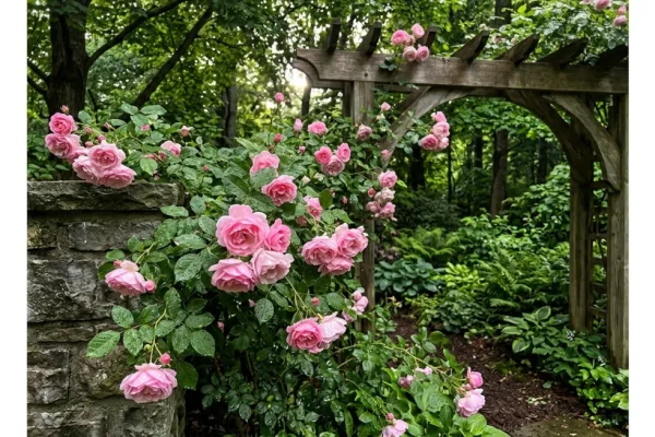 Een weelderige struik met lichtroze rozen (New Dawn) bloeiend tegen een muur in de halfschaduw.