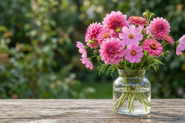 Een weelderig boeket van verse roze snijbloemen uit de tuin in een glazen vaas.
