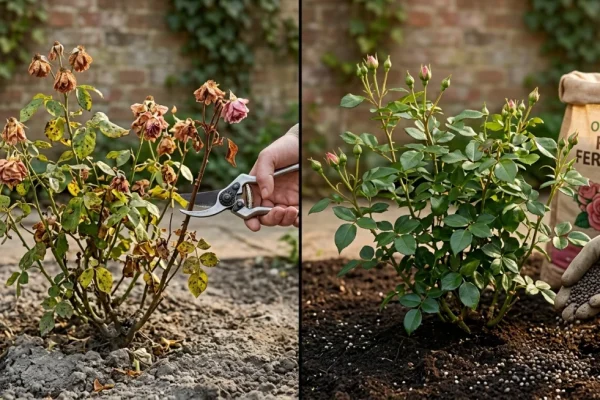 Een hand strooit organische rozenmestkorrels rond de basis van een pas gesnoeide rozenstruik in een zonnige tuin.
