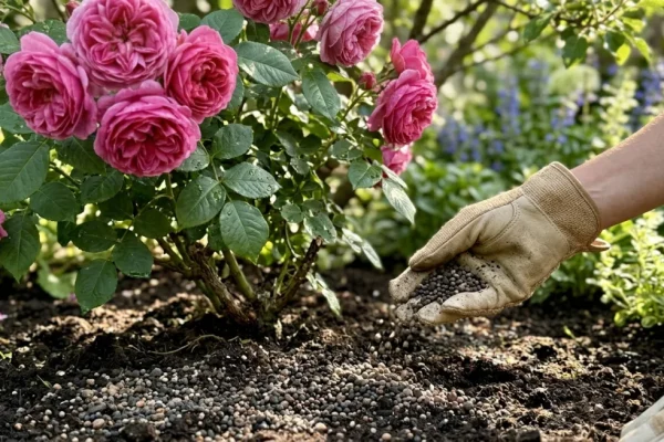 Een tuinier strooit organische mestkorrels rond de basis van een gezonde, bloeiende rozenstruik in een zonnige tuin.