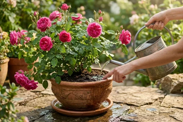 Een hand controleert de aarde van een bloeiende roos in een terracotta pot op vochtigheid.