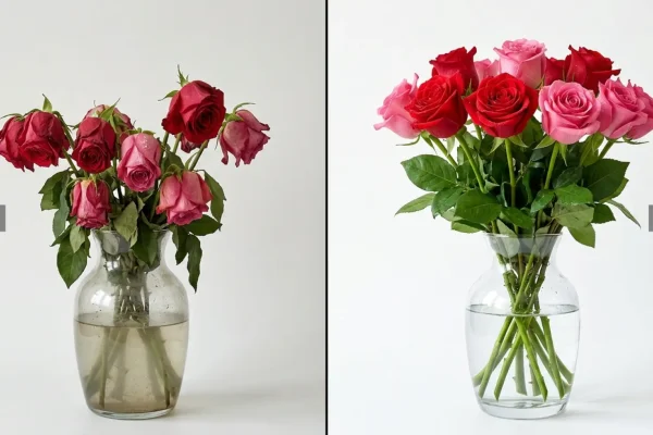 Een weelderige bos verse, zachtroze rozen in een perfect schone glazen vaas op een houten eettafel.