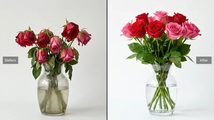 Een weelderige bos verse, zachtroze rozen in een perfect schone glazen vaas op een houten eettafel.