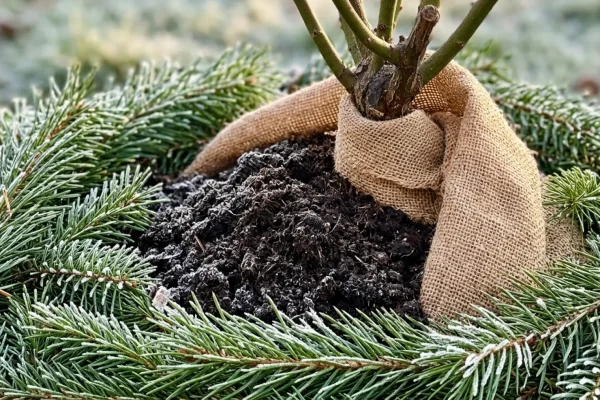 Rozenstruik zorgvuldig ingepakt in jute en dennentakken ter bescherming