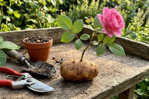Een close-up van een rozenstek die in een ingesneden aardappel is gestoken, klaar om geplant te worden.