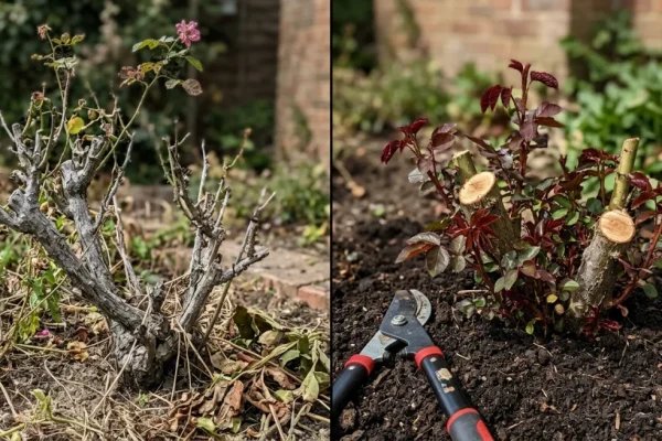 Een tuinier hanteert een zware takkenschaar om een dikke, oude tak aan de basis van een rozenstruik weg te knippen.