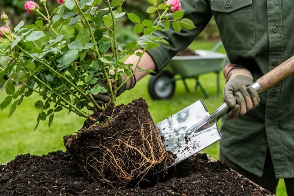 Een volwassen rozenstruik met ruime aardekluit die veilig wordt overgeplant in de tuin.