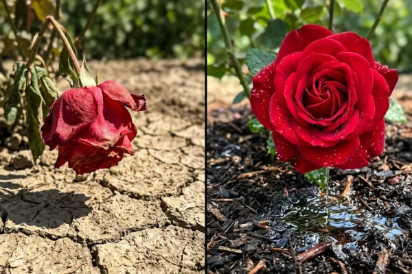 Verdorde roos die water krijgt bij de wortels tijdens een hittegolf.
