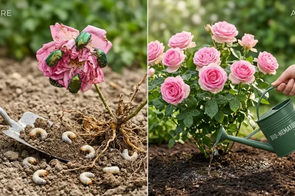 Een metallisch groen-gouden rozenkever zit op het hart van een lichtroze roos.