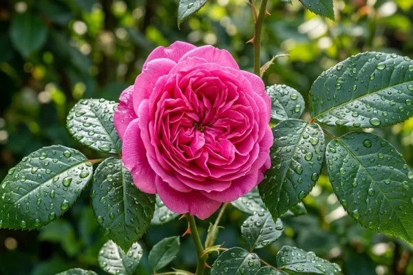 Een weelderig bloeiende, ziekteresistente roze roos in een zonnige Nederlandse achtertuin.
