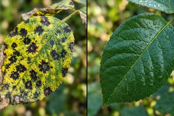 Aangetast rozenblad met zwarte, stervormige vlekken en gele verkleuringen.
