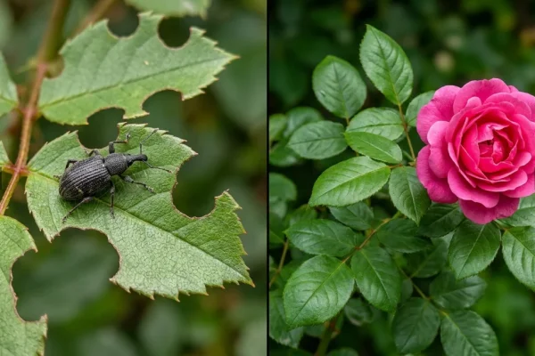 Rozenblad met typische taxuskever vraatschade in de vorm van halve maantjes aan de bladrand.
