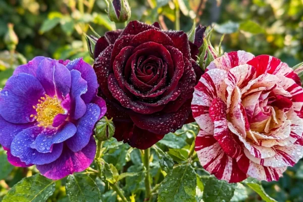 Close-up van de 'Black Baccara' roos, een voorbeeld van unieke rozenkleuren met zeer diepe, fluweelachtige donkerrode bloembladeren die bijna zwart lijken.