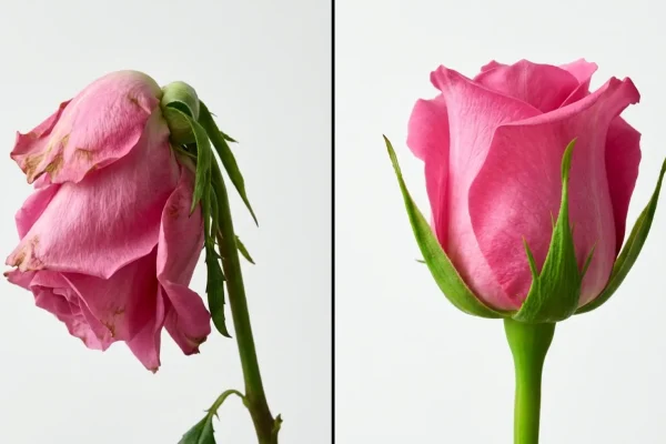 Close-up van een stevige bloemknop en heldergroene kelkblaadjes van een verse rode roos.