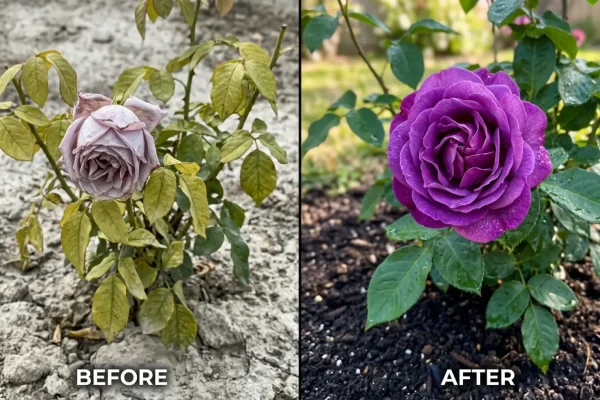 Een weelderige struik vol bloeiende violette rozen in een zonnige tuin.