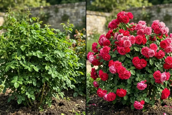 Een weelderige rozenstruik vol knoppen en felroze bloemen in een Nederlandse tuin.