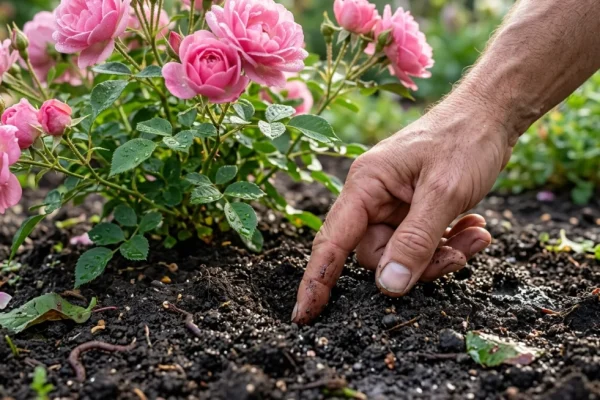 Een tuinier geeft gericht water aan de basis van een bloeiende rozenstruik in de volle zomerzon, zonder het blad te raken.