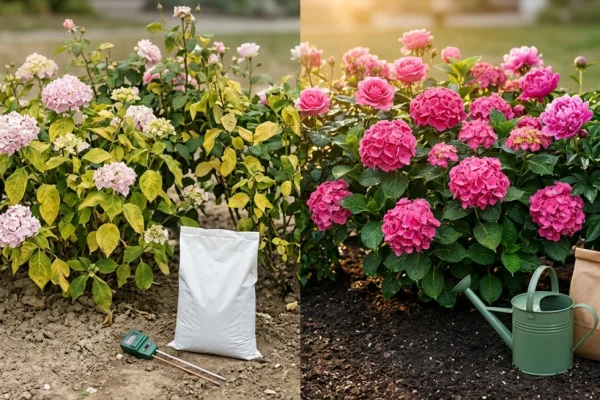 Een tuinborder gevuld met een overdaad aan diverse roze bloeiende planten en struiken in de lente.