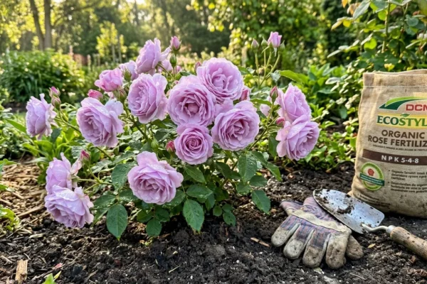 Een close-up van een volbloeiende zacht lila roos met ochtenddauw op de bloembladeren in een Nederlandse tuin.
