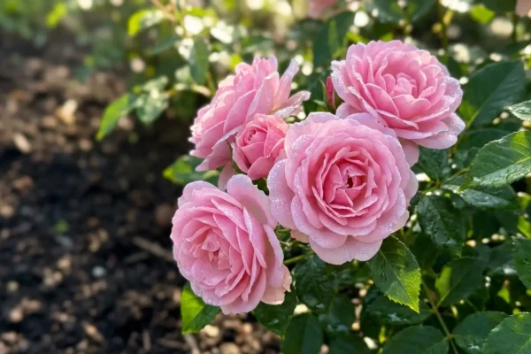 Zachtroze struikroos in volle bloei in een zonnige, goed verzorgde tuin.