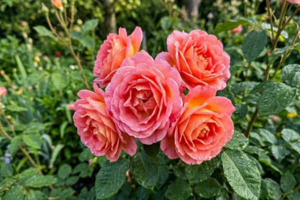 Een close-up van de bloemblaadjes van een gezonde zalmroze roos met ochtenddauw.