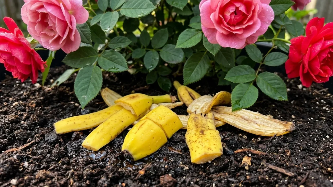Fijngesneden stukjes bananenschil rond de stam van een bloeiende roos in de tuin.