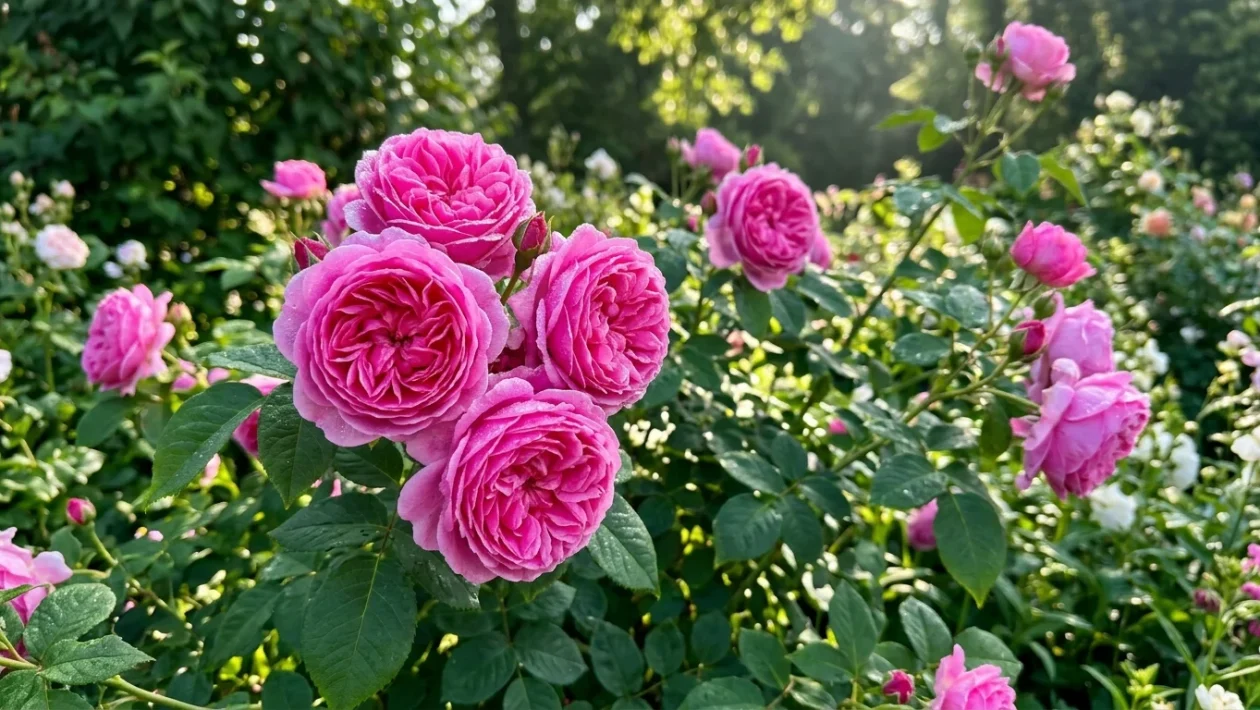 Lichtroze Engelse roos met volle bloemblaadjes in een groene tuin