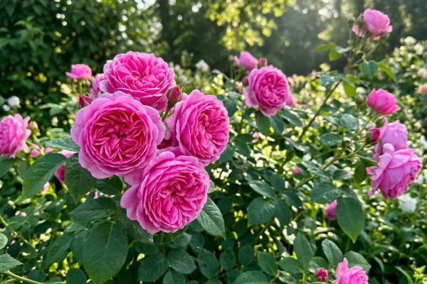 Lichtroze Engelse roos met volle bloemblaadjes in een groene tuin