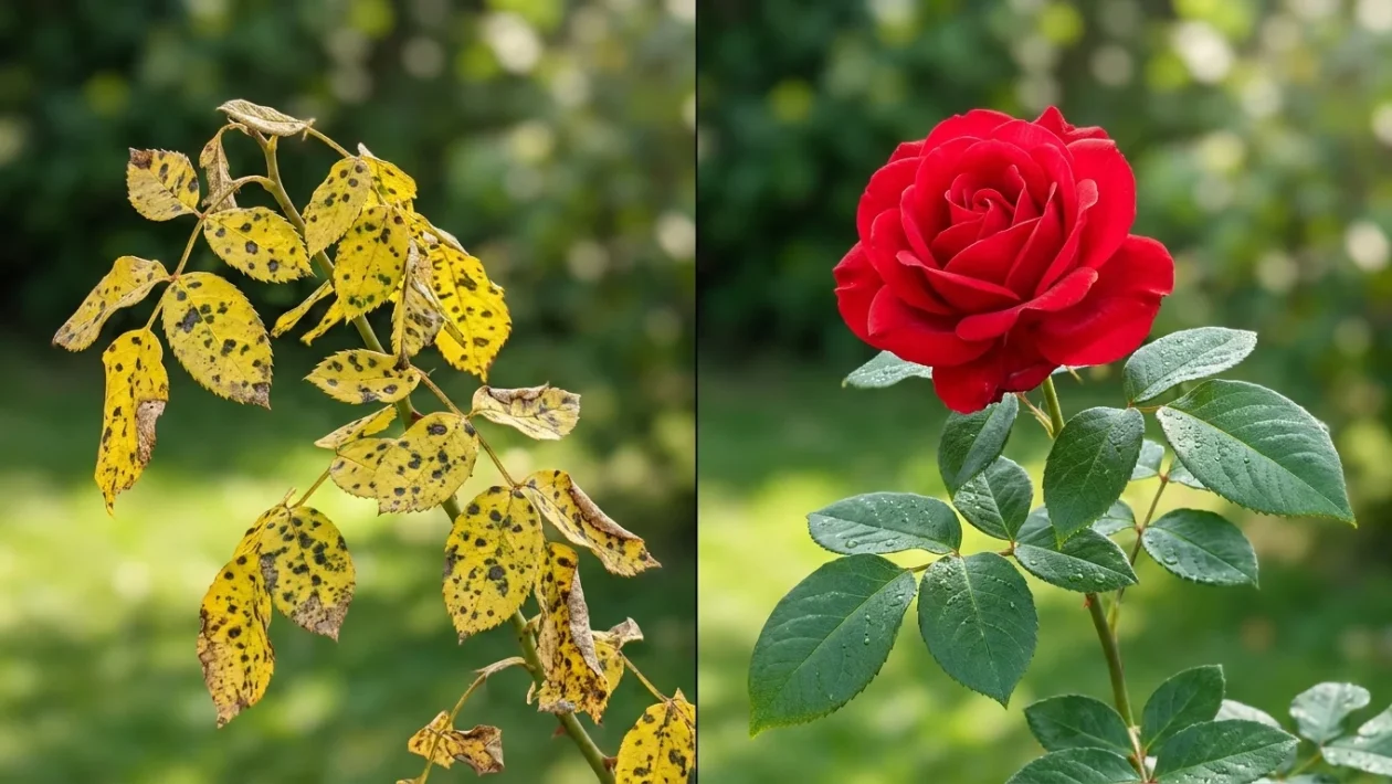 Vergelend blad aan een bloeiende roos in de tuin door een voedingstekort.