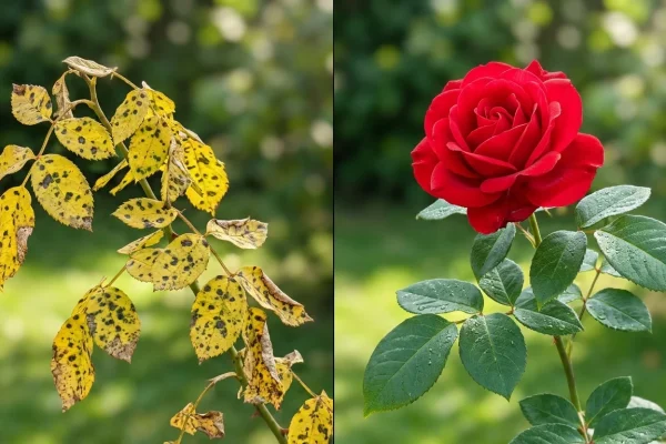 Vergelend blad aan een bloeiende roos in de tuin door een voedingstekort.
