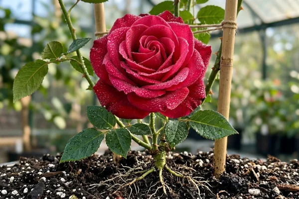 Een uitgestrekte kas vol bloeiende rode en roze rozen van een Nederlandse kweker.