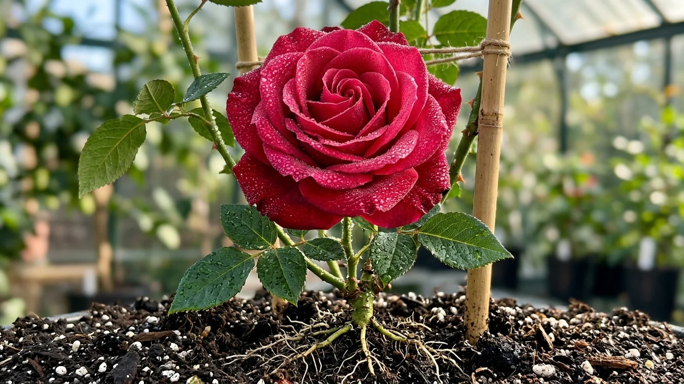 Een uitgestrekte kas vol bloeiende rode en roze rozen van een Nederlandse kweker.