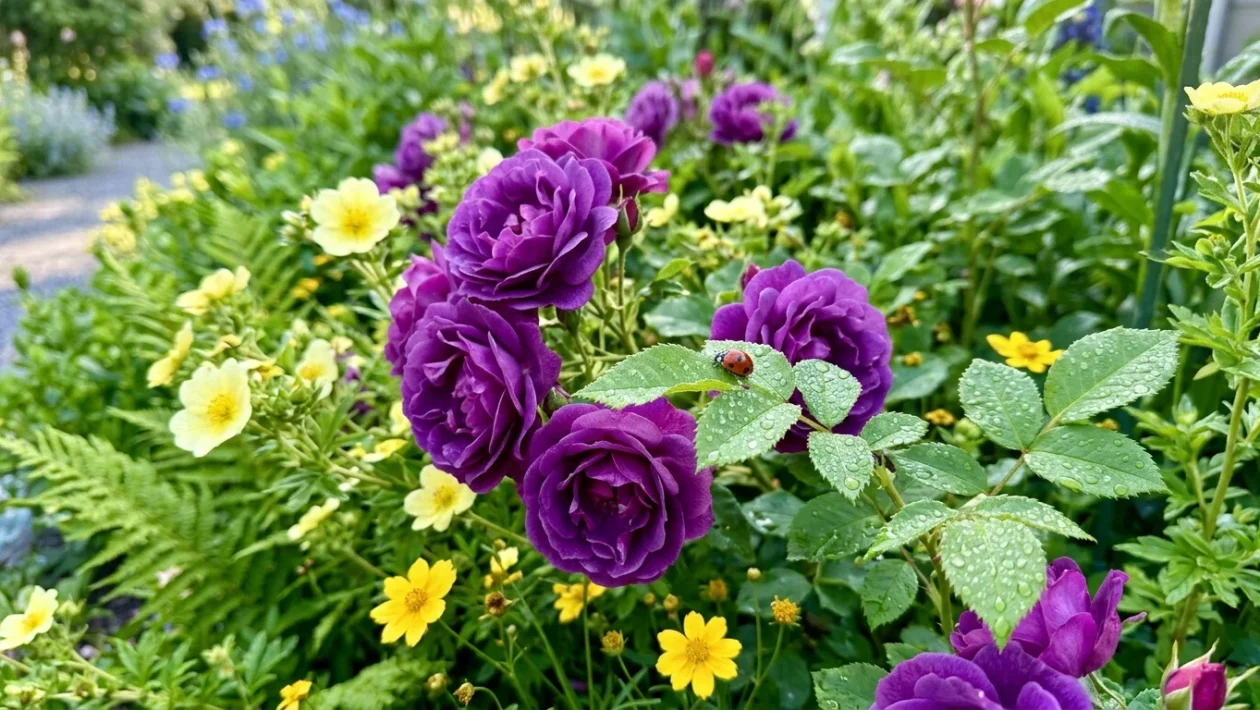 Dieppaarse rozen geplant naast zilverkleurige lavendel in een zonnige tuinborder.