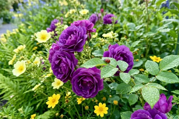 Dieppaarse rozen geplant naast zilverkleurige lavendel in een zonnige tuinborder.