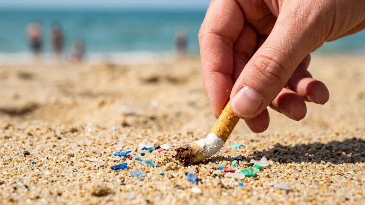 Een verzameling van talloze sigarettenpeuken die op het strand zijn achtergebleven.