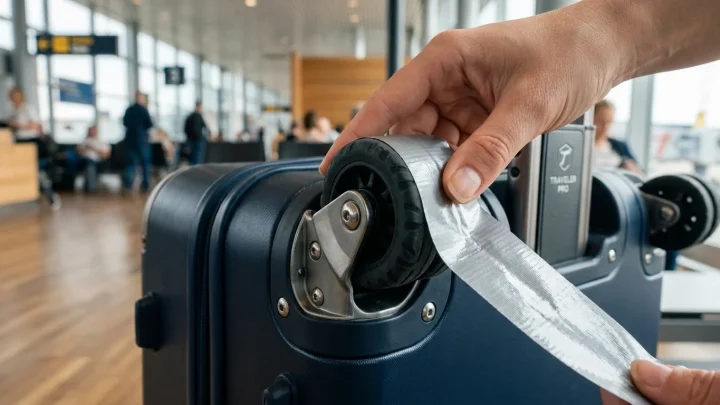 Close-up van een koffer op een luchthaven