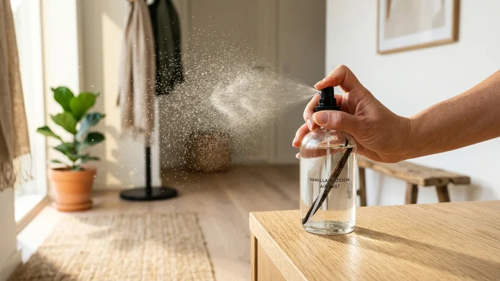 Een sprayfles met water en vanille-extract voor een fris ruikend huis.