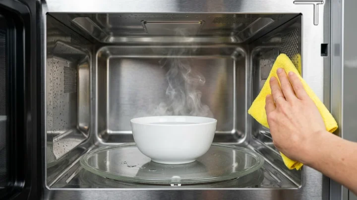 Een magnetron wordt schoongemaakt met een natuurlijke oplossing.
