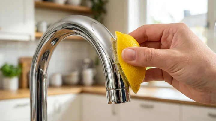 Een glanzende metalen kraan in een keukenomgeving