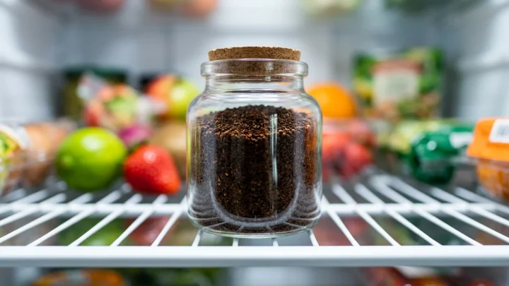 Een pot met gebruikte koffiedik in een koelkast.